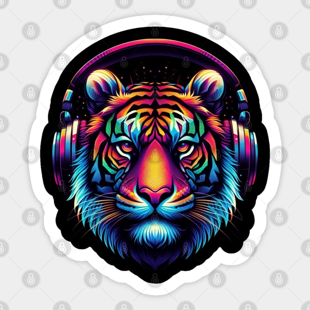 Colorful tiger wearing headphone Sticker by grappict